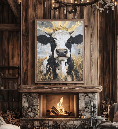Cow with Gold Crown | Glam Farmhouse Art | Rustic Chic Wall Decor | Cow Painting Print | Whimsical Barn Animal — Poster wall
