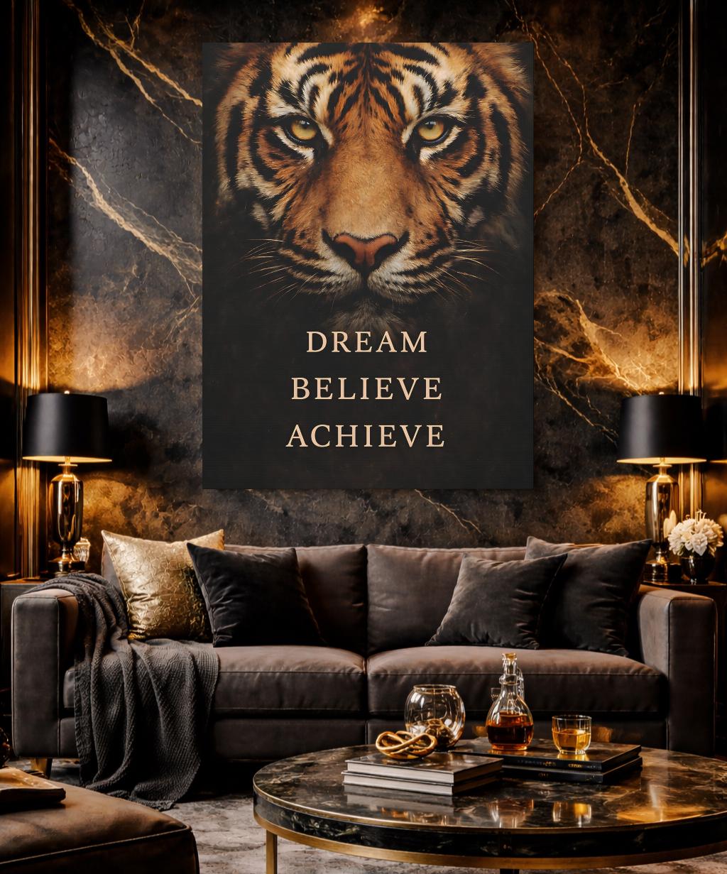 Tiger Motivational Print | Dream Believe Achieve, Office Decor — Framed Print wall art