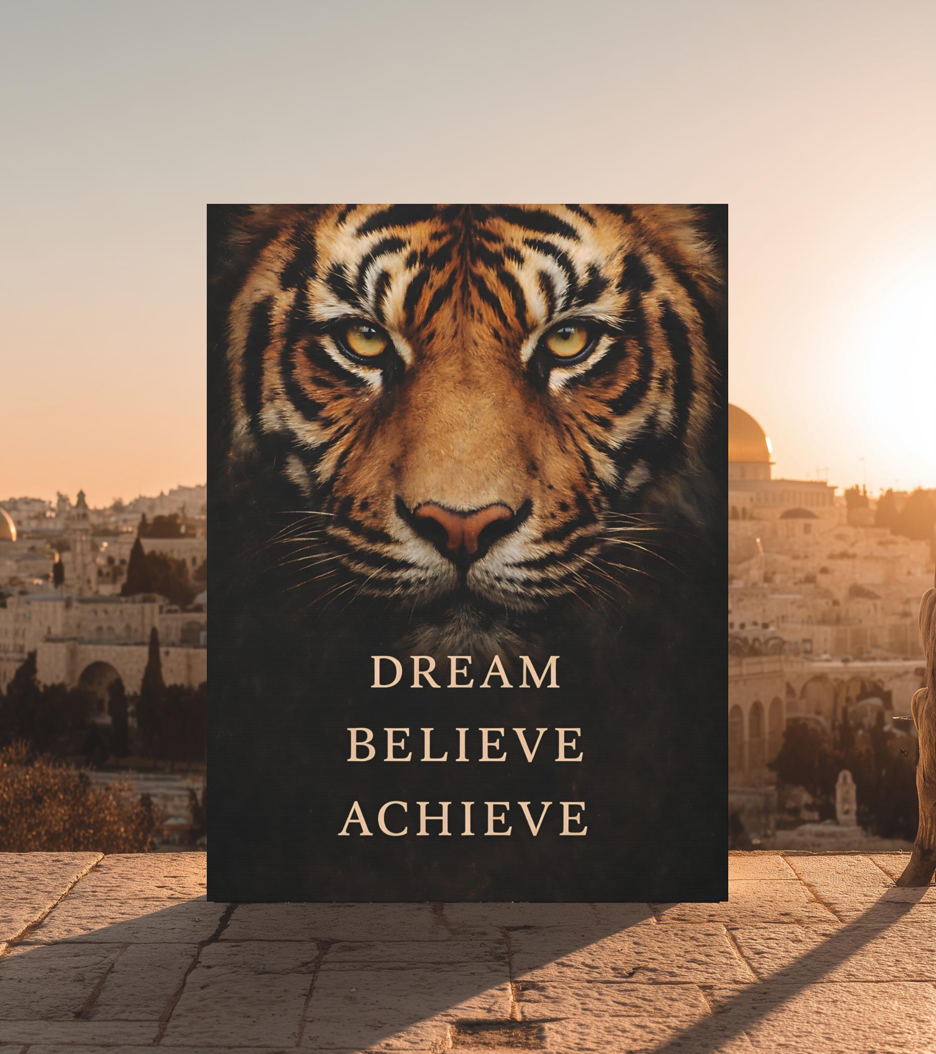 Tiger Motivational Print | Dream Believe Achieve, Office Decor — Framed Print wall art