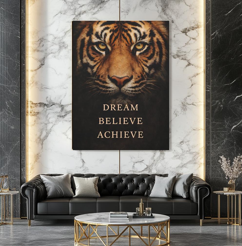 Tiger Motivational Print | Dream Believe Achieve, Office Decor — Framed Print wall art