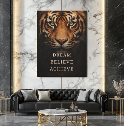 Tiger Motivational Print | Dream Believe Achieve, Office Decor — Framed Print wall art