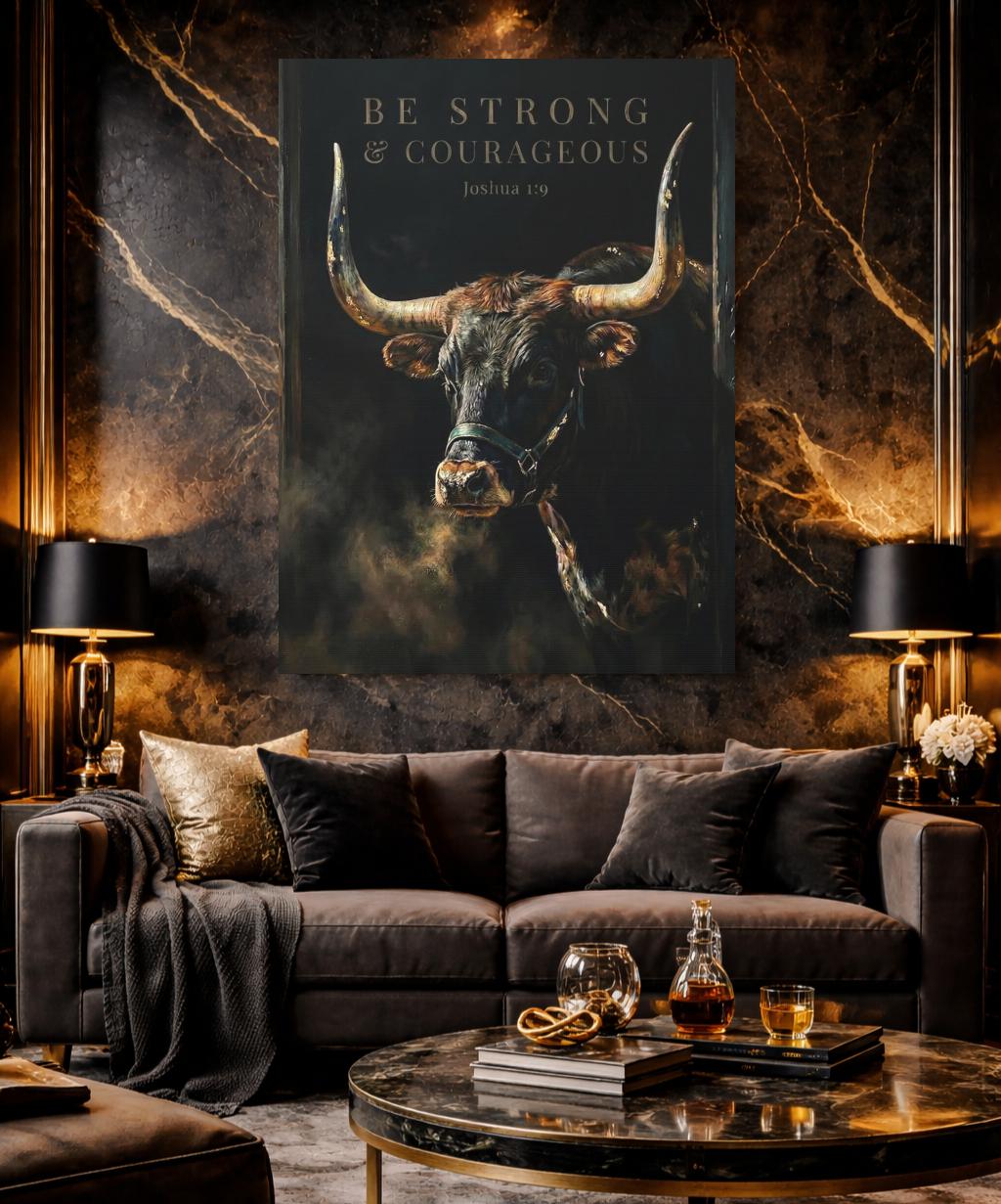 Longhorn Bull Canvas Print | Moody Western Decor, Joshua 1:9 — Framed Print wall art