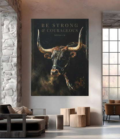 Longhorn Bull Canvas Print | Moody Western Decor, Joshua 1:9 — Framed Print wall art
