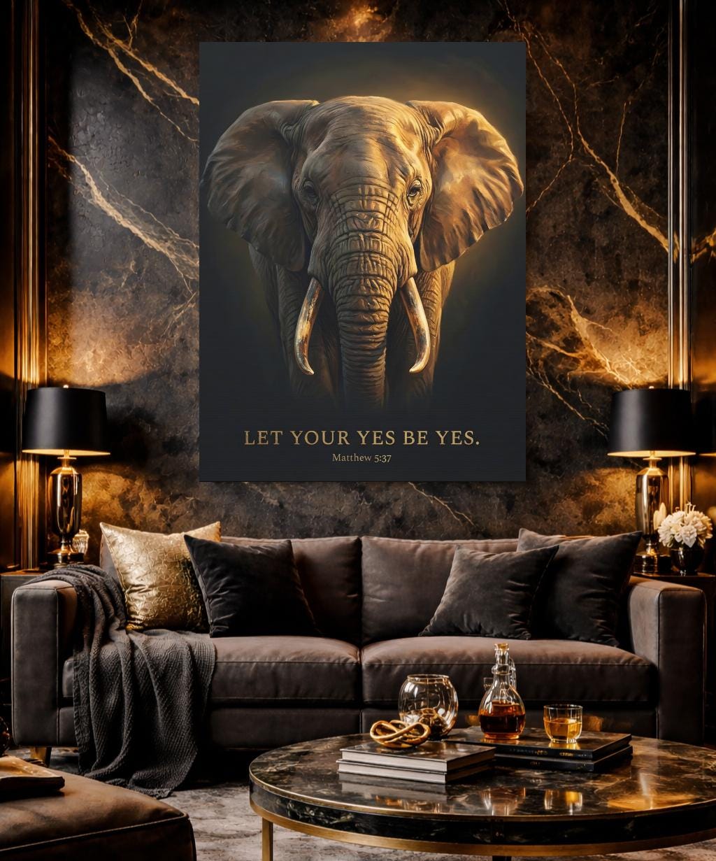 Elephant Canvas Print | Matthew 5:37 Scripture, Moody Decor — Framed Print wall art