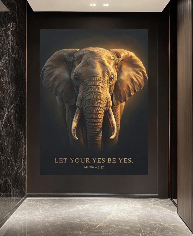 Elephant Canvas Print | Matthew 5:37 Scripture, Moody Decor — Framed Print wall art