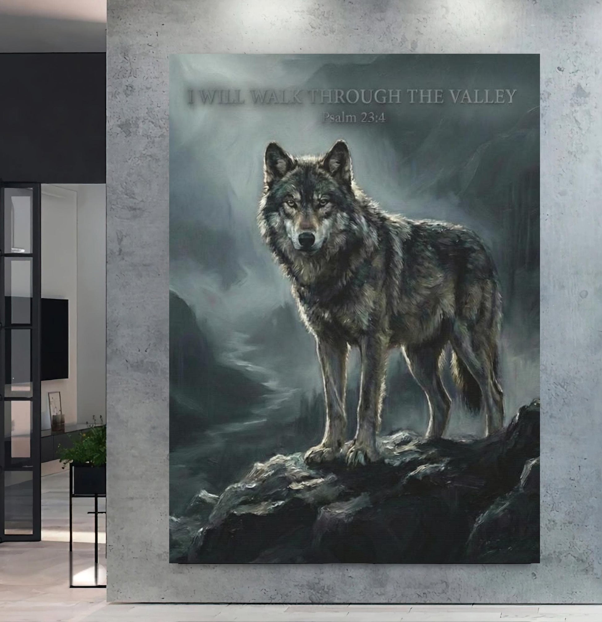 Wolf Canvas Wall Art | Psalm 23:4 Scripture Print | Jesus Art | Dark Moody Christian Decor | Religious Gift for Men — Framed