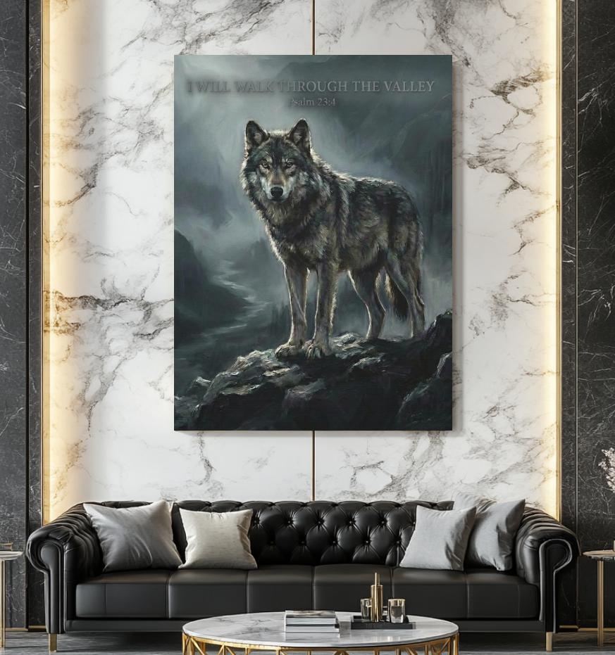 Wolf Canvas Wall Art | Psalm 23:4 Scripture Print | Jesus Art | Dark Moody Christian Decor | Religious Gift for Men — Framed