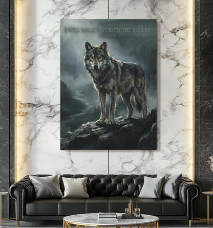 Wolf Canvas Wall Art | Psalm 23:4 Scripture Print | Jesus Art | Dark Moody Christian Decor | Religious Gift for Men — Framed