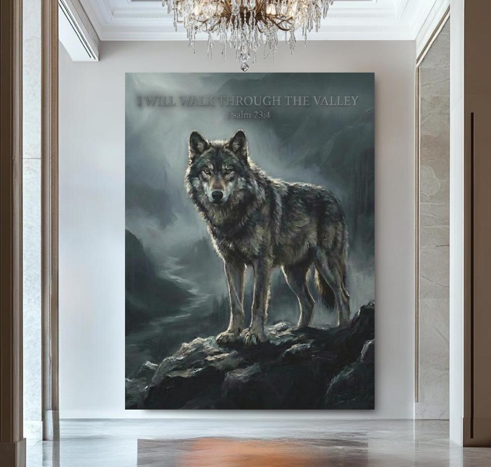 Wolf Canvas Wall Art | Psalm 23:4 Scripture Print | Jesus Art | Dark Moody Christian Decor | Religious Gift for Men — Framed