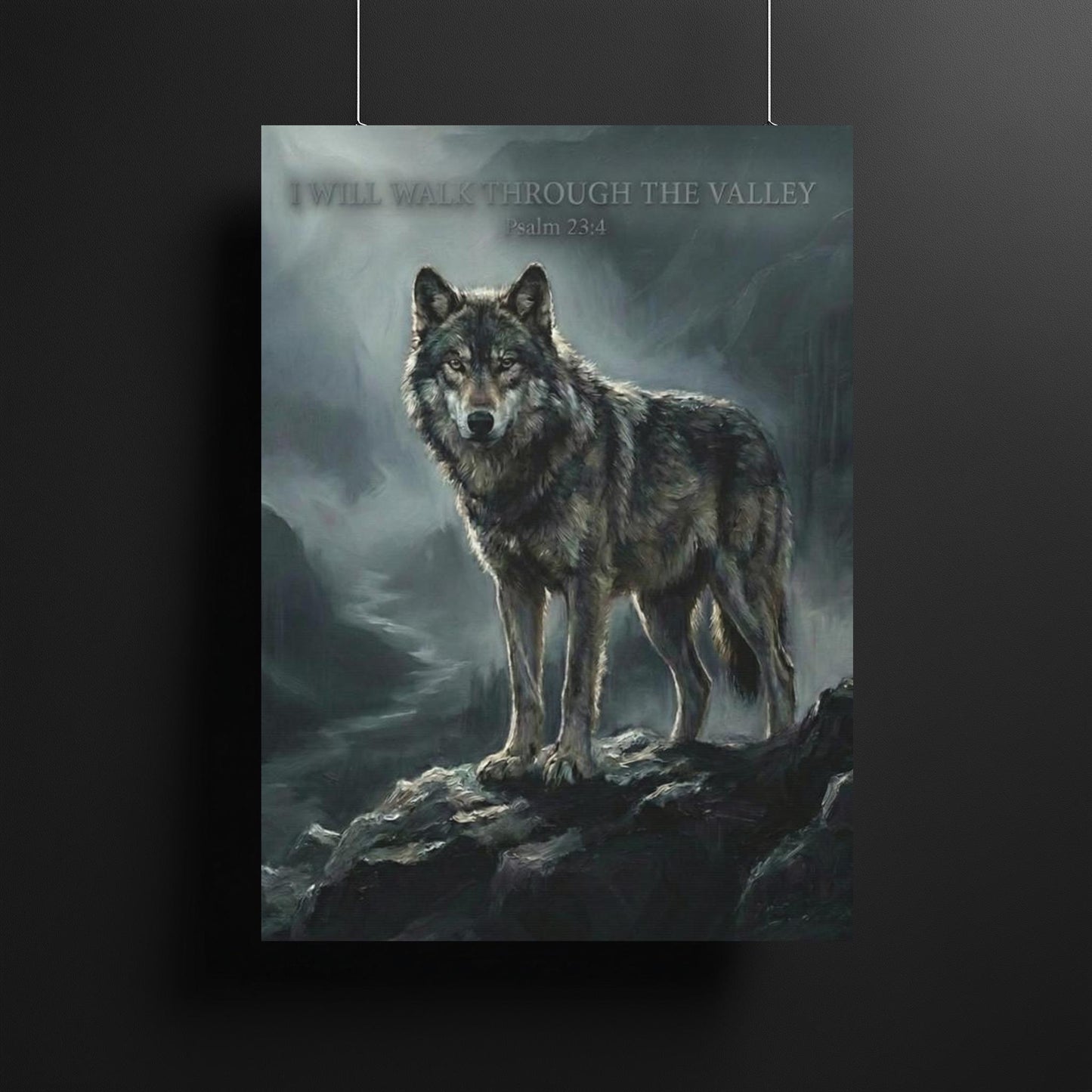 Wolf Canvas Wall Art | Psalm 23:4 Scripture Print | Jesus Art | Dark Moody Christian Decor | Religious Gift for Men — Framed