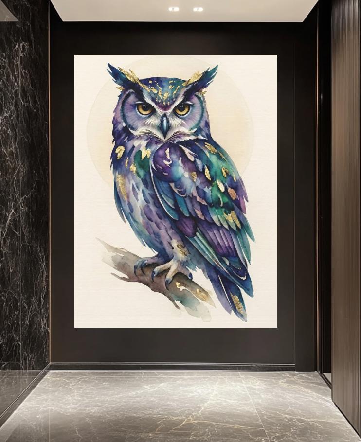 Watercolor Owl Print | Gold Leaf, Dark Academia Wall Art — Framed Print wall art