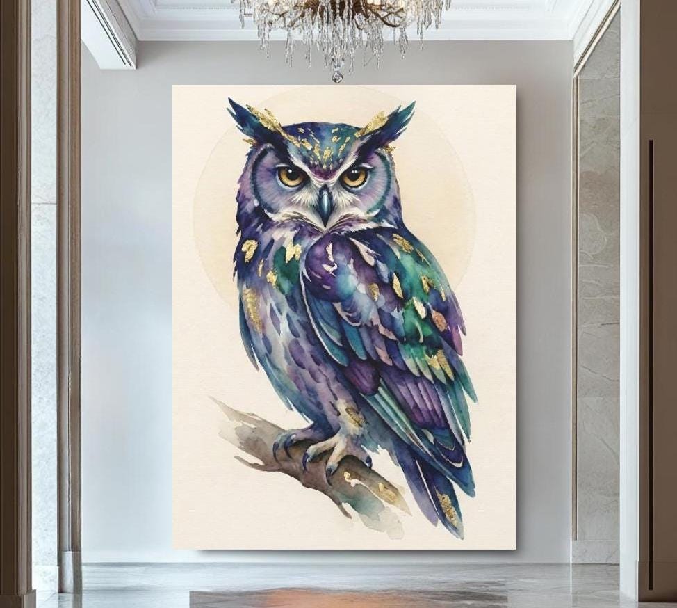 Watercolor Owl Print | Gold Leaf, Dark Academia Wall Art — Framed Print wall art