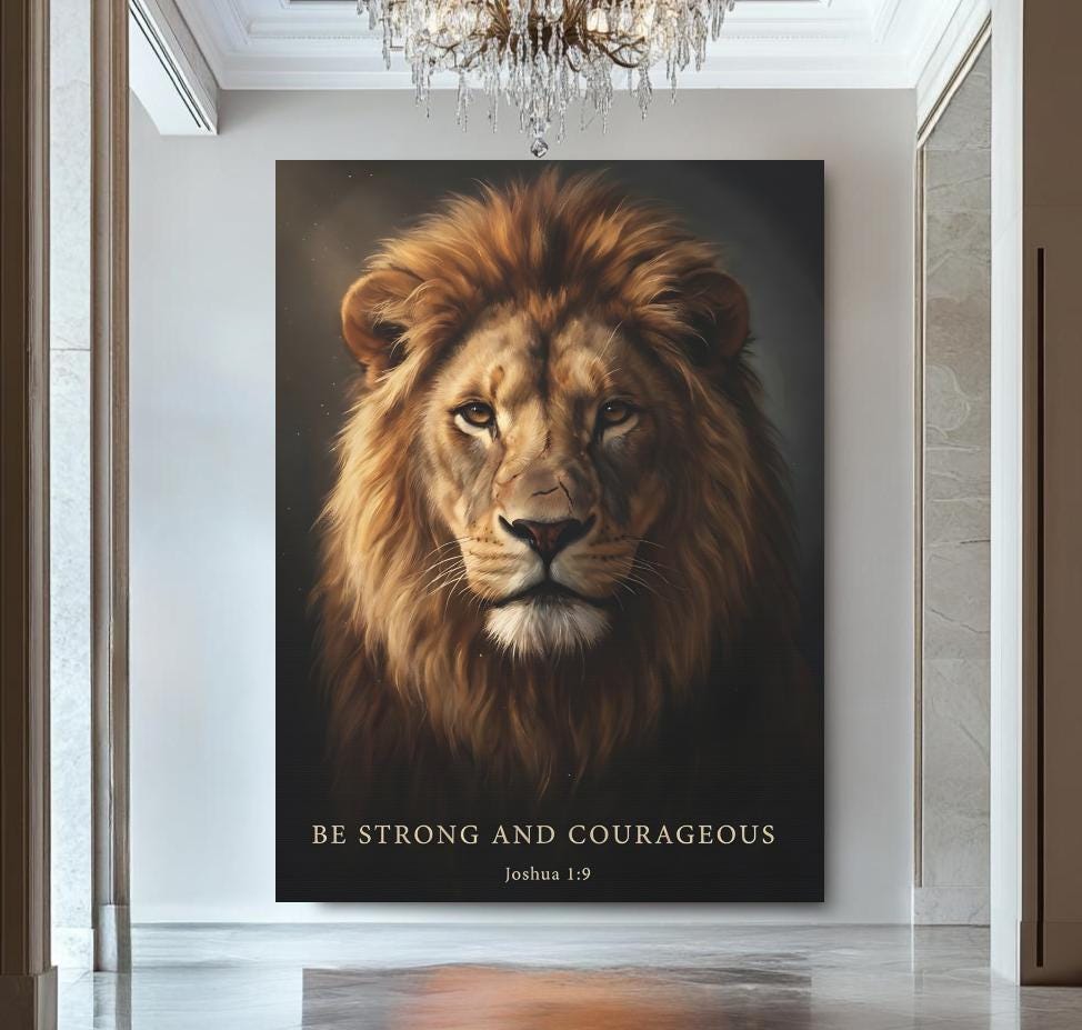 Lion of Judah Canvas Wall Art | Bible Verse Scripture Print | Christian Religious Gift for Men | Be Strong and Courageous |