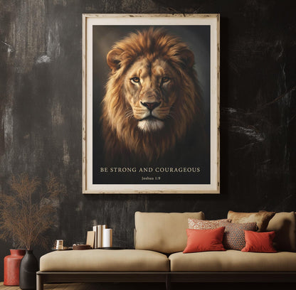 Lion of Judah Canvas Wall Art | Bible Verse Scripture Print | Christian Religious Gift for Men | Be Strong and Courageous |
