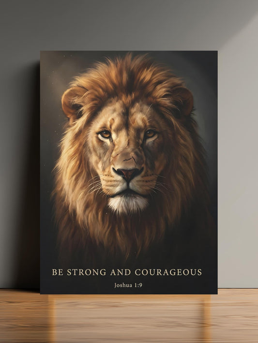 Lion of Judah Canvas Wall Art | Bible Verse Scripture Print | Christian Religious Gift for Men | Be Strong and Courageous |