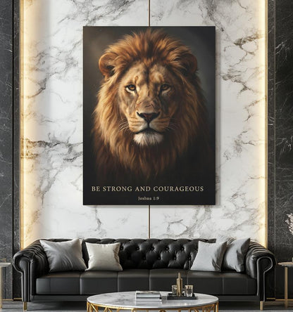 Lion of Judah Canvas Wall Art | Bible Verse Scripture Print | Christian Religious Gift for Men | Be Strong and Courageous |
