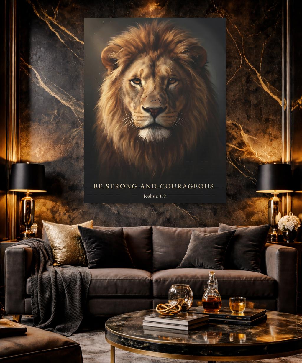 Lion of Judah Canvas Wall Art | Bible Verse Scripture Print | Christian Religious Gift for Men | Be Strong and Courageous |