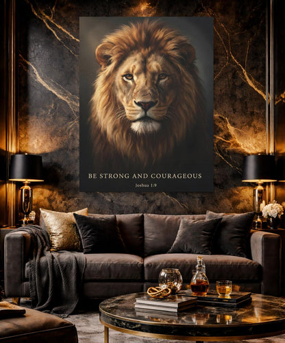 Lion of Judah Canvas Wall Art | Bible Verse Scripture Print | Christian Religious Gift for Men | Be Strong and Courageous |