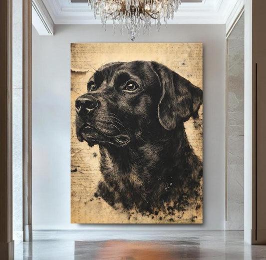 Black Labrador Art | Vintage Dog Portrait Print | Rustic Farmhouse Decor | Custom Pet Drawing | Neutral Beige Wall Print —