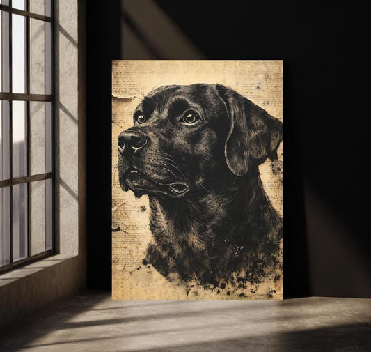 Black Labrador Art | Vintage Dog Portrait Print | Rustic Farmhouse Decor | Custom Pet Drawing | Neutral Beige Wall Print —