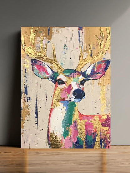 Whimsical Deer Wall Art | Colorful Woodland Nursery Decor | Boho Girl Room Print | Gold Leaf Animal Poster | Cute Fawn