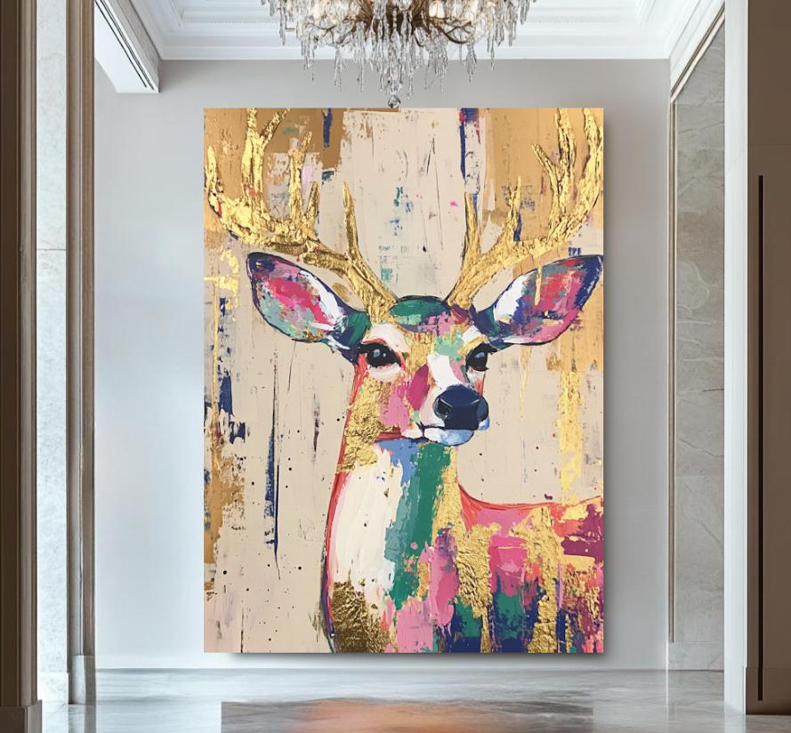 Whimsical Deer Wall Art | Colorful Woodland Nursery Decor | Boho Girl Room Print | Gold Leaf Animal Poster | Cute Fawn