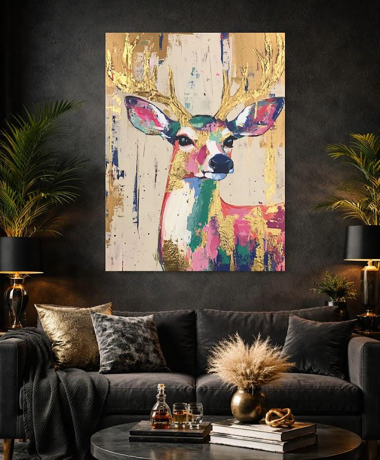 Whimsical Deer Wall Art | Colorful Woodland Nursery Decor | Boho Girl Room Print | Gold Leaf Animal Poster | Cute Fawn