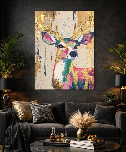 Whimsical Deer Wall Art | Colorful Woodland Nursery Decor | Boho Girl Room Print | Gold Leaf Animal Poster | Cute Fawn