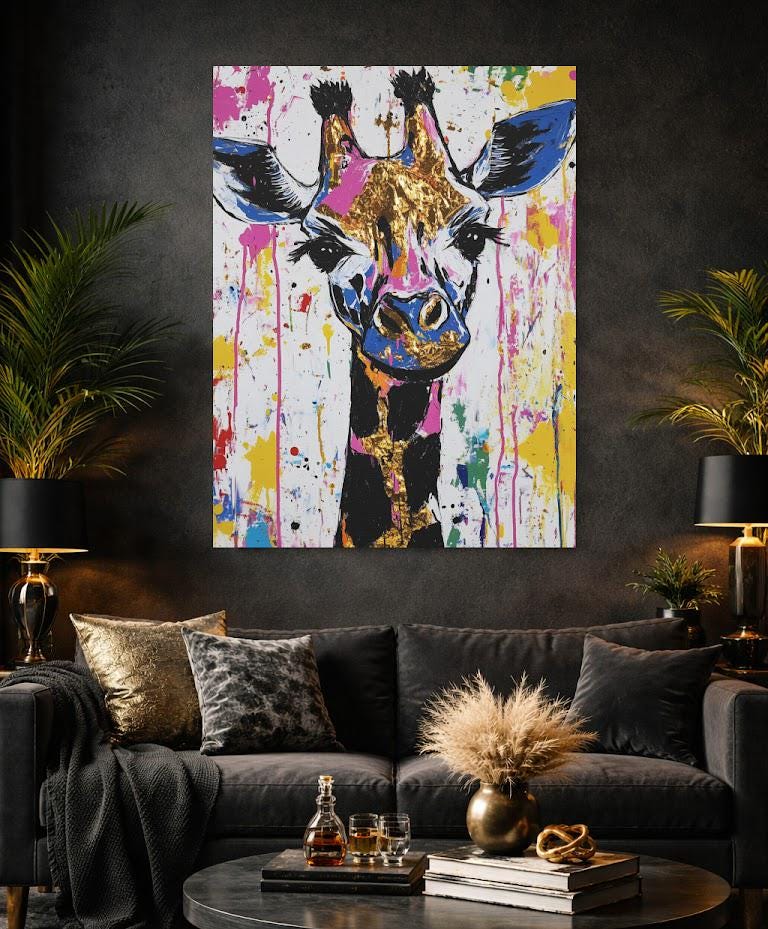 Colorful Giraffe Wall Art | Abstract Pop Art Print | Safari Animal | Graffiti Splatter Painting | Dopamine Decor — Framed
