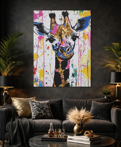 Colorful Giraffe Wall Art | Abstract Pop Art Print | Safari Animal | Graffiti Splatter Painting | Dopamine Decor — Framed