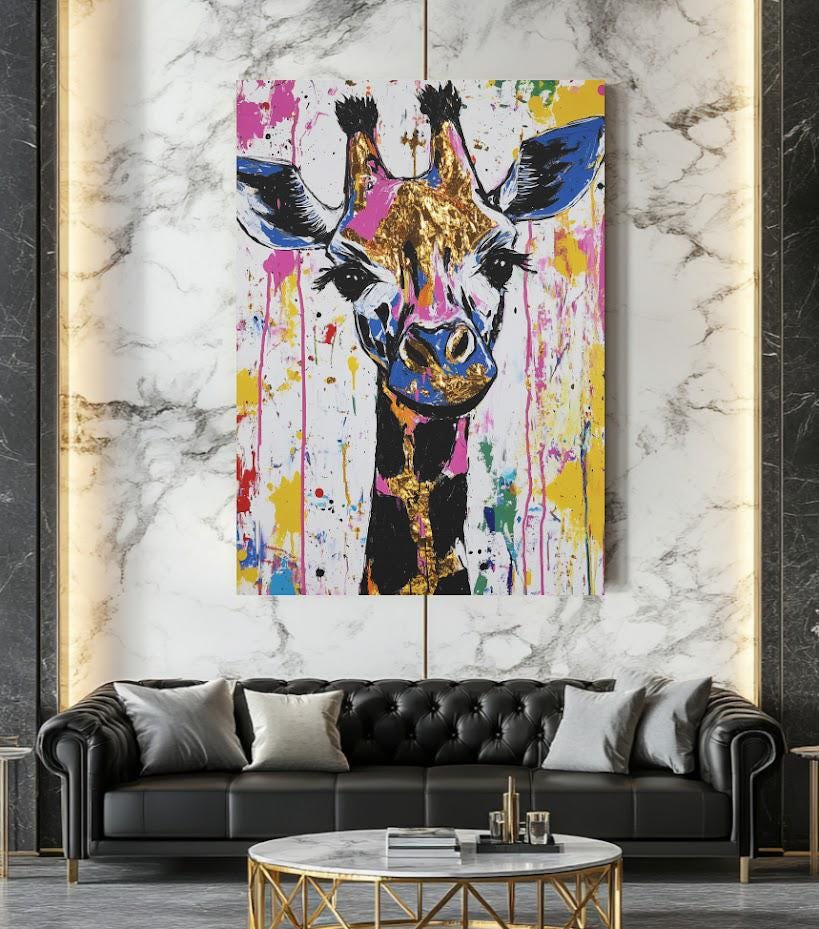 Colorful Giraffe Wall Art | Abstract Pop Art Print | Safari Animal | Graffiti Splatter Painting | Dopamine Decor — Framed