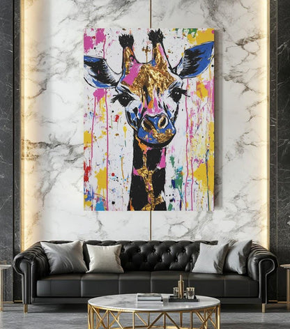 Colorful Giraffe Wall Art | Abstract Pop Art Print | Safari Animal | Graffiti Splatter Painting | Dopamine Decor — Framed