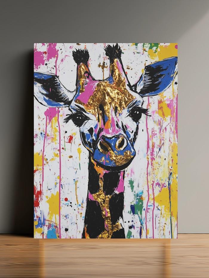 Colorful Giraffe Wall Art | Abstract Pop Art Print | Safari Animal | Graffiti Splatter Painting | Dopamine Decor — Canvas