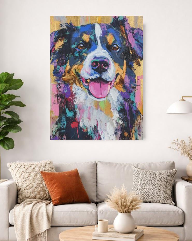 Australian Shepherd Art | Canvas or Poster | Colorful Pet Portrait | Dog Mom Gift | Custom Dog Painting | Animal Portraits —