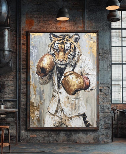 Boxing Tiger Wall Art | Motivational Gym Decor | Man Cave Canvas | Office Art For Men | Hustle Success Print — Framed Print