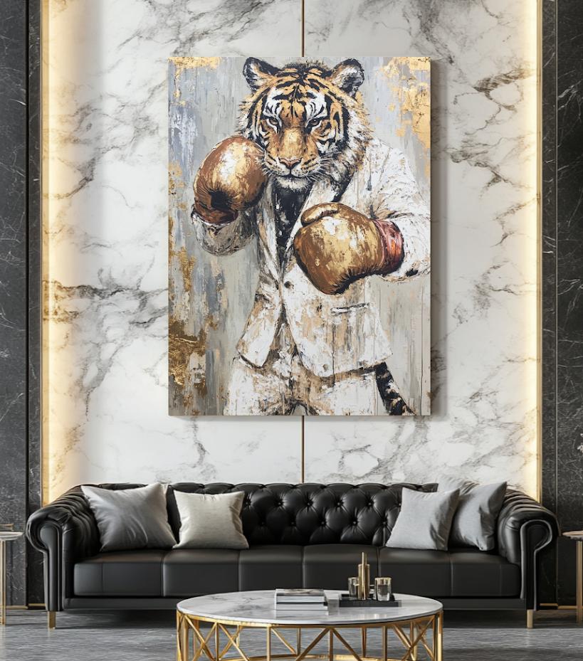 Boxing Tiger Wall Art | Motivational Gym Decor | Man Cave Canvas | Office Art For Men | Hustle Success Print — Framed Print