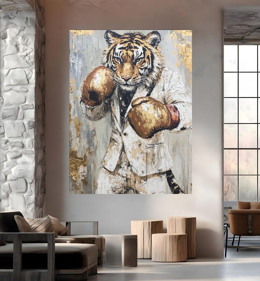 Boxing Tiger Wall Art | Motivational Gym Decor | Man Cave Canvas | Office Art For Men | Hustle Success Print — Framed Print