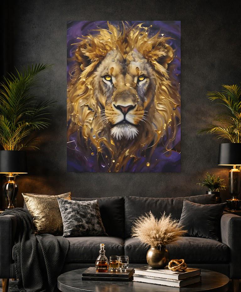 Gold Lion Wall Art, Regal Safari Canvas Print or Poster for Masculine Office Decor — Framed Print wall art