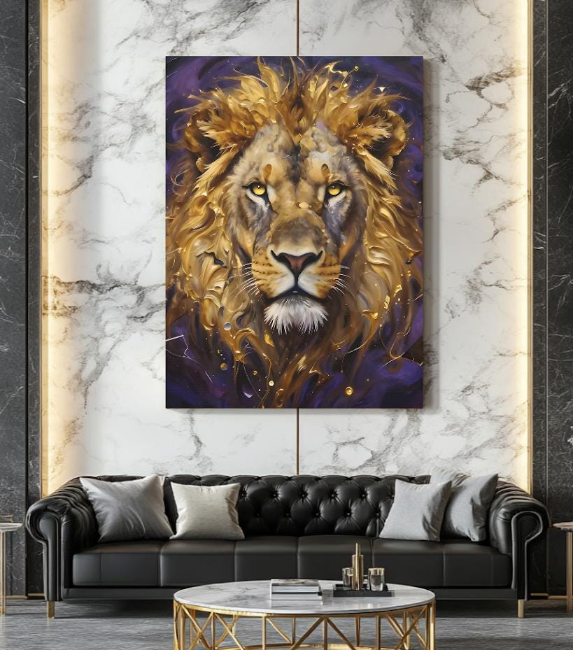 Gold Lion Wall Art, Regal Safari Canvas Print or Poster for Masculine Office Decor — Framed Print wall art