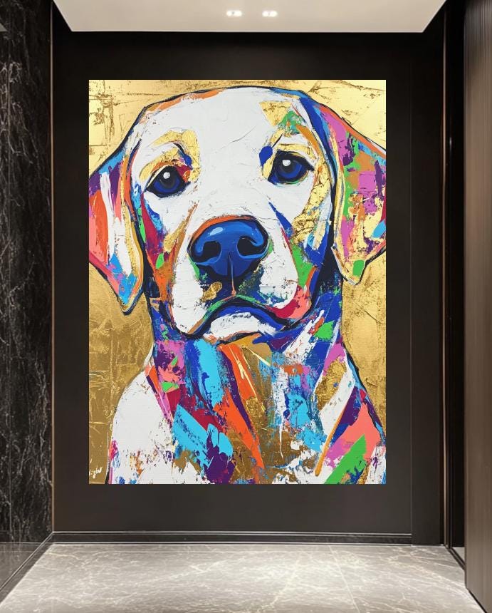 Colorful Labrador Print | Gold Foil Dog Portrait, Preppy Wall Art — Framed Print wall art