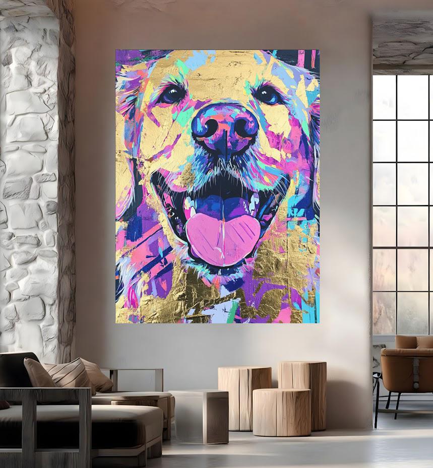 Happy Golden Retriever Painting Print, Abstract Neon Dog Wall Art, Unique Gift for Dog Mom or Veterinary Office Decor —