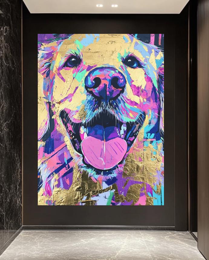 Happy Golden Retriever Painting Print, Abstract Neon Dog Wall Art, Unique Gift for Dog Mom or Veterinary Office Decor —
