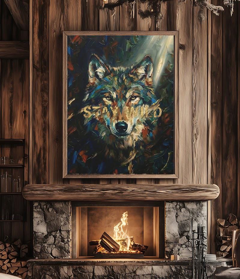 Wolf Wall Art | Modern Forest Animal Canvas or Poster Print, Man Cave Decor, Original Painting — Framed Print wall art