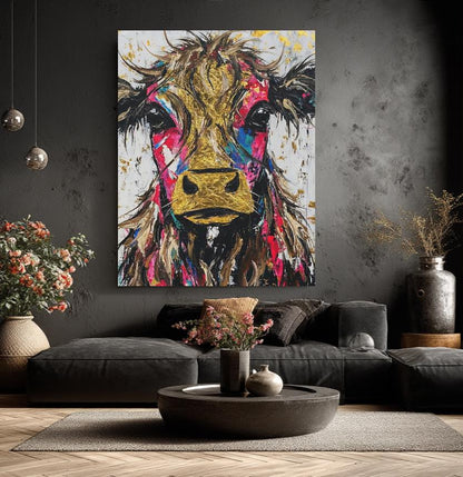 Colorful Cow Wall Art | Modern Farmhouse Kitchen Decor | Highland Cow Painting | Eclectic Canvas Print — Framed Print wall