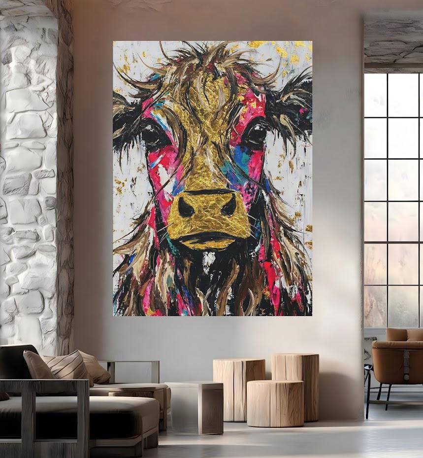 Colorful Cow Wall Art | Modern Farmhouse Kitchen Decor | Highland Cow Painting | Eclectic Canvas Print — Framed Print wall