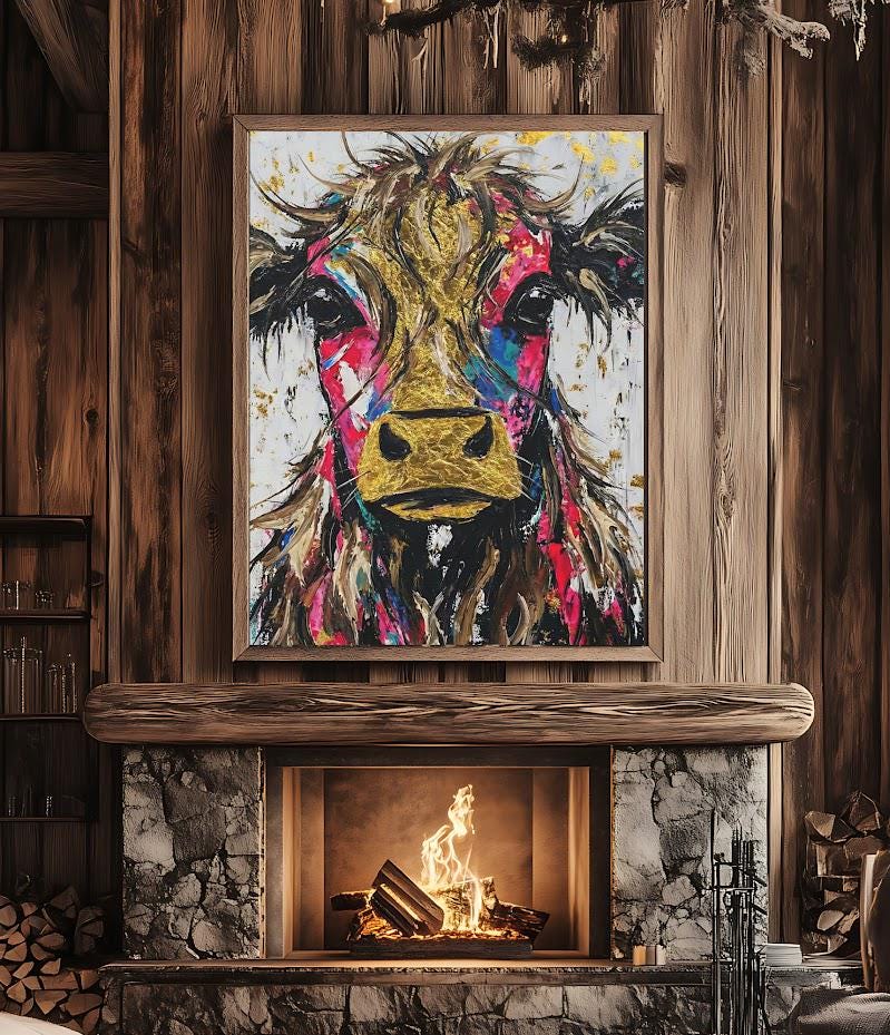 Colorful Cow Wall Art | Modern Farmhouse Kitchen Decor | Highland Cow Painting | Eclectic Canvas Print — Framed Print wall