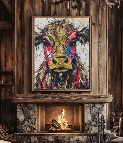 Colorful Cow Wall Art | Modern Farmhouse Kitchen Decor | Highland Cow Painting | Eclectic Canvas Print — Framed Print wall