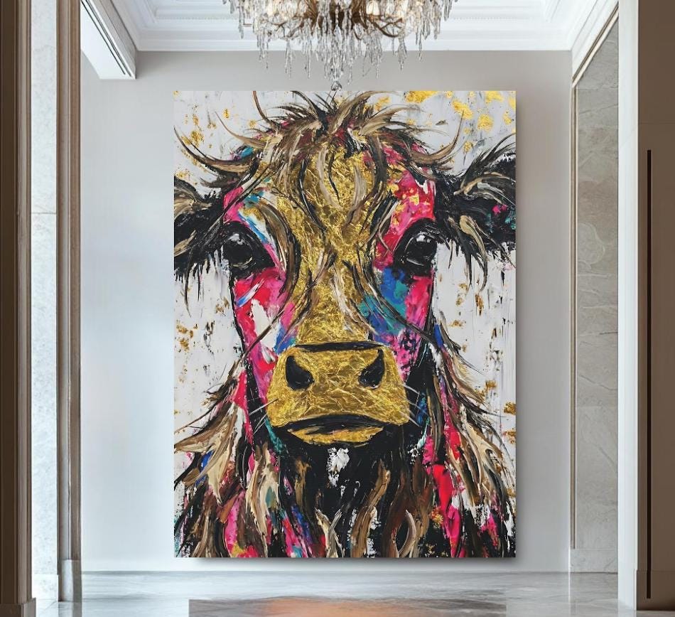 Colorful Cow Wall Art | Modern Farmhouse Kitchen Decor | Highland Cow Painting | Eclectic Canvas Print — Poster wall art