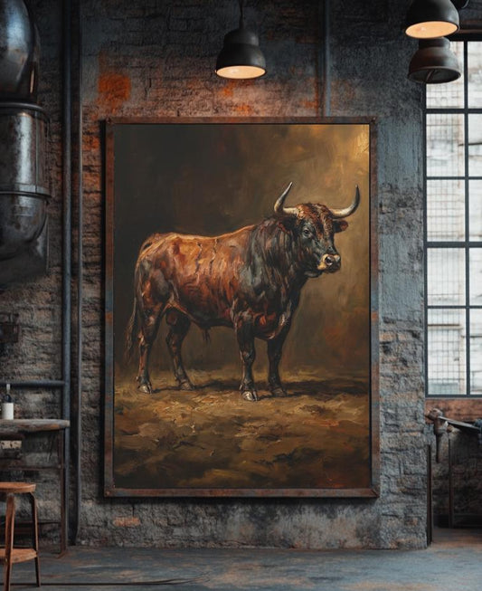 Vintage Bull Wall Art | Rustic Animal Decor | Moody Farmhouse Print | Large Cattle Portrait — Poster wall art