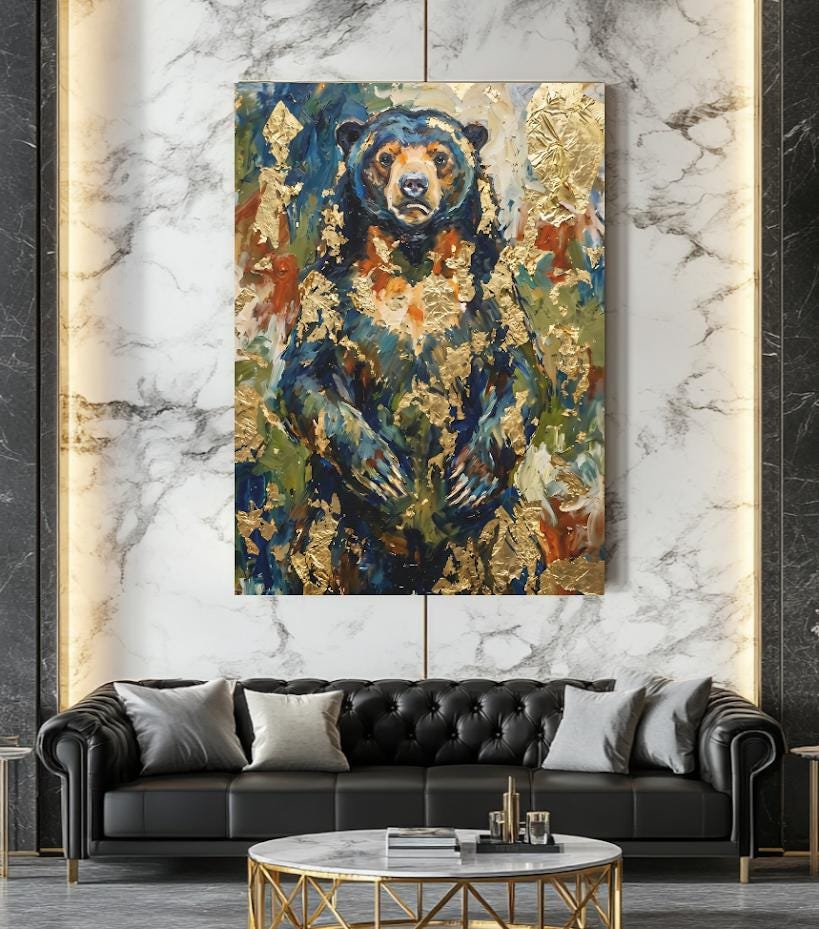 Abstract Bear Wall Art | Gold Leaf Oil Painting | Modern Cabin Decor | Moody Forest Animal Print | Luxury Lodge — Framed